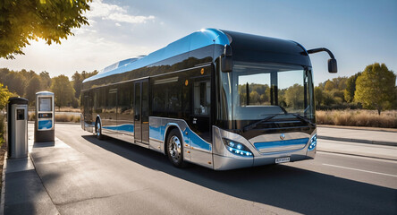Fototapeta premium Electric bus parked at electric vehicle charging station. Zero emission, sustainable transport and travel. Green energy 
