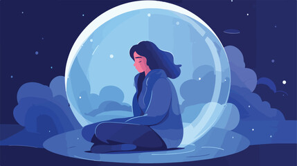 Depressed girl in bubble flat vector illustration.