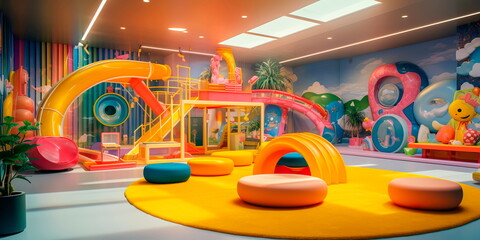 Whimsical and colorful children's play area in a hotel lobby with interactive games and toys.