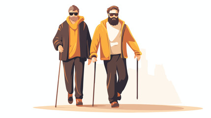Bearded blind man with sunglasses and cane standing