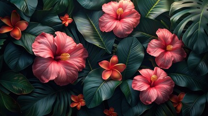 tropical leaves and flowers wallpaper background