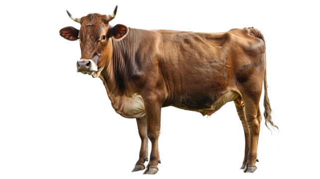 A brown cow on standing position, isolated on white background
