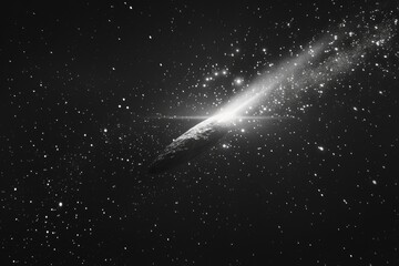 Black and white photo of comet with bright light shining on it