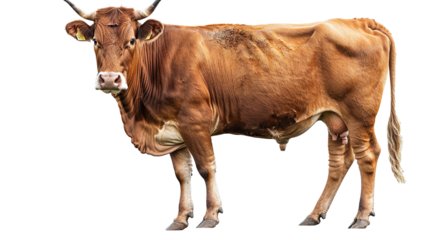 A brown cow on standing position, isolated on white background
