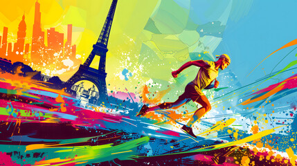 Une illustration d'un coureur en train de faire un marathon à Paris. En arrière-plan, la Tour Eiffel.