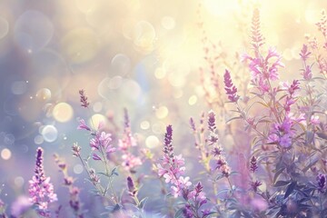 Field of purple flowers with blurry background - obrazy, fototapety, plakaty