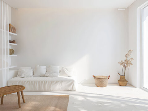 Contemporary chic interiors with minimalistic decor and natural lighting. Interior design composition with minimal boho furniture