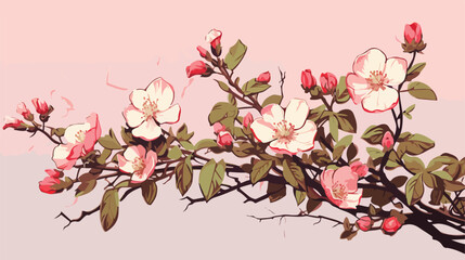Detailed botanical drawing of gorgeous dog roses gr