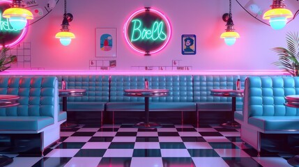 Create a seamless pattern background with a retro diner theme, featuring checkerboard floors, vinyl booth upholstery, and neon signage inspired by 80's and 90's roadside eateries.