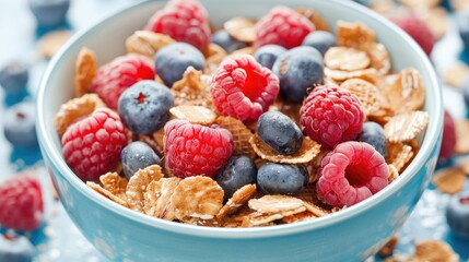 Stock photo of cereals with raspberries and blueberries