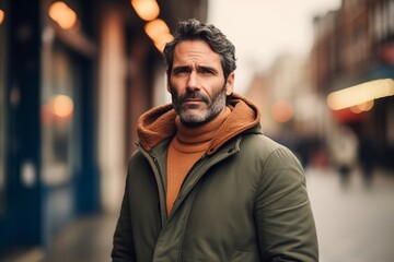 Fototapeta premium Handsome middle-aged man with a beard and moustache in a coat on a city street.
