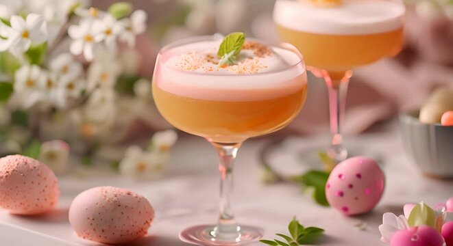 orange cocktail with a white flower garnish on a white background