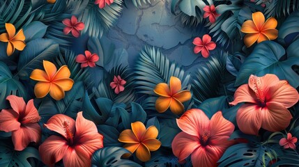 tropical leaves and flowers wallpaper background - obrazy, fototapety, plakaty