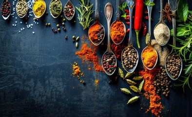 Various spices in the spoons showcase plantbased flavors