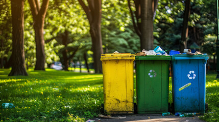 Recycling bins located in a green city park offer designated areas for sorting different types of waste.