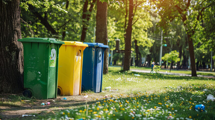 Recycling bins strategically placed throughout a lush green city park, providing designated areas for sorting various types of waste