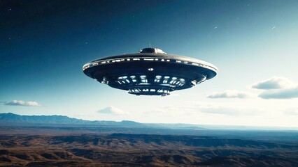 Obraz premium UFO Spaceship: Flying over the Ocean in Science Fiction Scene