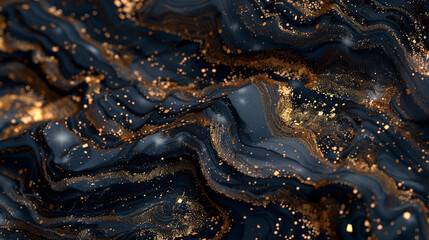 Moonlit obsidian marble ink illuminated by golden glitters and mesmerizing glowing particles, like moonbeams on a dark night.