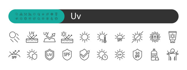 set of sun protection icons, skin, sunscreen,  uv, summer