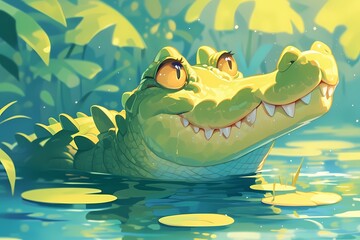 cute cartoon crocodile in river water