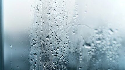 Water drops streaming on a window glass with grey city silhouette on background. Generative AI