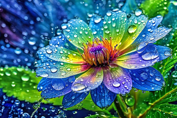 A vibrant and intricately detailed close-up image of a blue flower with dew drops