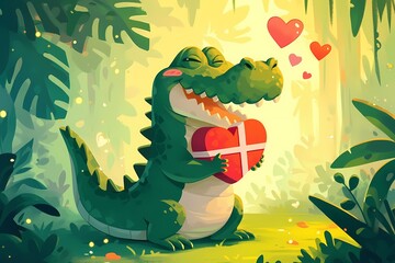 Cute cartoon crocodile with Valentine's gift
