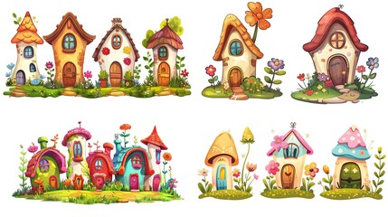 Fototapeta premium cute fairytale cartoon house clipart isolated on white background, quirky house in flower garden , Generative Ai