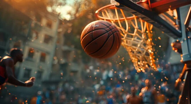 A basketball player dunking the ball into the hoop during a game with a crowd of spectators in the background.