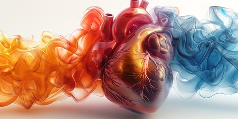 Vibrant smoke effect emerging from artistically rendered human heart on a pristine white background - obrazy, fototapety, plakaty