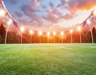 A soccer field with a bright green grass. The field is lit up with bright lights, creating a lively atmosphere - Powered by Adobe