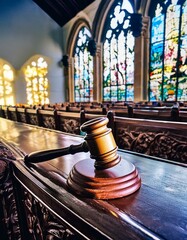 a wooden gavel resting on an antique judge's bench, surrounded by old leather-bound law books, with a vintage courtroom backdrop featuring wooden pews and stained glass windows, lit - obrazy, fototapety, plakaty