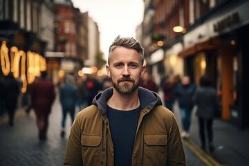 Portrait of a handsome bearded man with a beard on a street in London