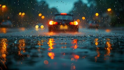 Safety First: Driving in Heavy Rain with Wipers Ensuring Clear Visibility. Concept Driving Tips, Rainy Weather, Wiper Maintenance, Safe Driving Practices, Visibility Control