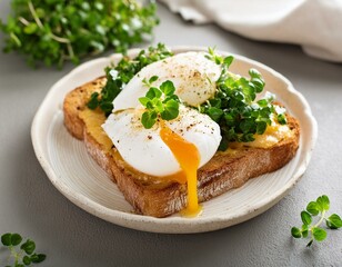 a traditional breakfast or brunch dish - roasted eggs with greens on a sourdough bread toast, egg yolk melting and dripping