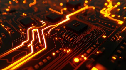 Close-up view of a smart chip integrated on a metallic circuit board with glowing orange electronic traces - obrazy, fototapety, plakaty