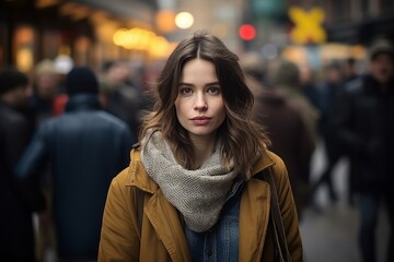 Fototapeta premium Portrait of a beautiful young woman in winter clothes in the city