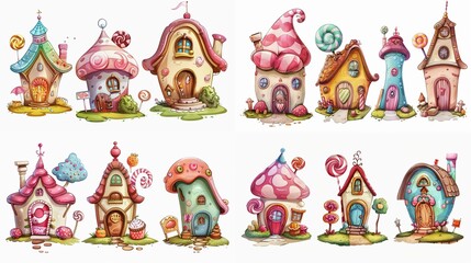 Naklejka premium cute fairytale cartoon house clipart isolated on white background, pudding cake hut, Generative Ai 