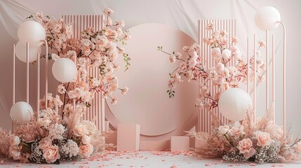 A dreamy event setup with delicate pink florals and whimsical balloon accents, creating a fairytale ambiance in a modern space.