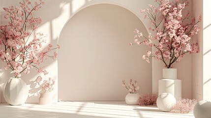 A minimalist room is enhanced by elegant pink floral branches in white vases, casting soft shadows in a tranquil, sun-drenched space.