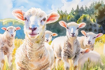 Fototapeta premium Closeup of a group of lambs frolicking in a sunny field, their playful energy embodying the spirit of a carefree summer