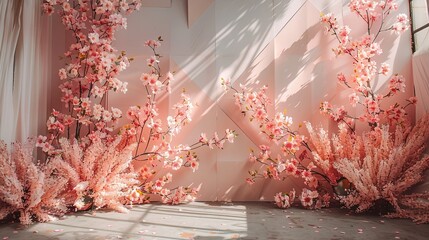 Sunlight filters through a vibrant spring blossom display, creating a mesmerizing play of light and shadow against a geometric backdrop. - obrazy, fototapety, plakaty