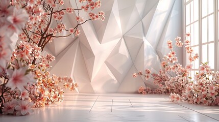 Delicate cherry blossoms fill a space with their spring beauty, complementing the stark modernity of a geometric interior bathed in natural light. - obrazy, fototapety, plakaty