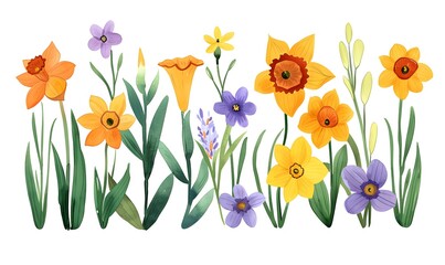 orange and purple blossoms and yellow daffodils with green leaves on a white background, Generative AI