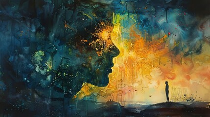 Colorful abstract painting of a person looking out at a bright light.