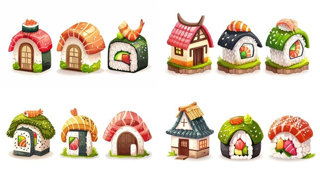 cute cartoon sushi house , summer house, childhood imagination and children book design illustration, generative Ai	

