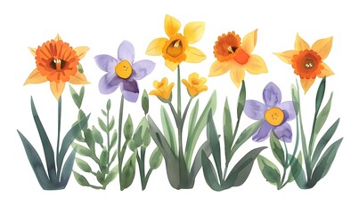 orange and purple blossoms and yellow daffodils with green leaves on a white background, Generative AI - obrazy, fototapety, plakaty