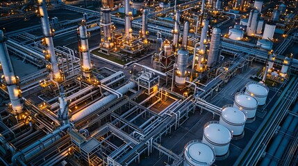 Detailed aerial view of an oil refinery, with the intricate maze of pipelines and large storage tanks clearly visible, emphasizing the engineering precision in energy sectors - obrazy, fototapety, plakaty