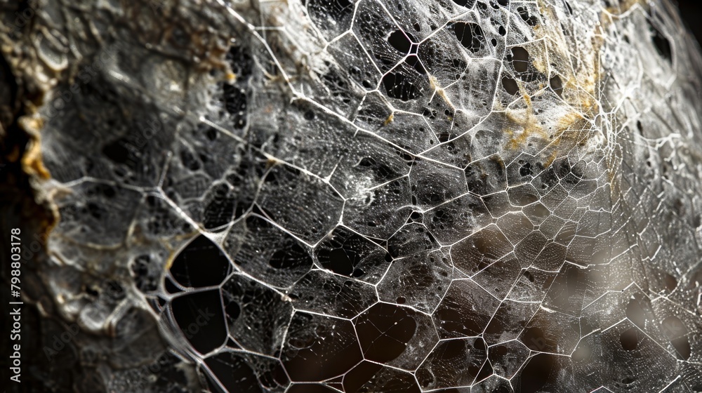 Wall mural a macro shot of a spider web showcasing the intricate microtextures that allow it to catch prey..