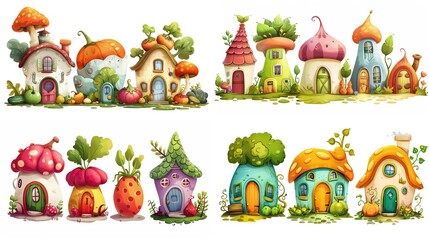 cute fairytale vegetable house in garden, collection set isolated on white background, Generative Ai